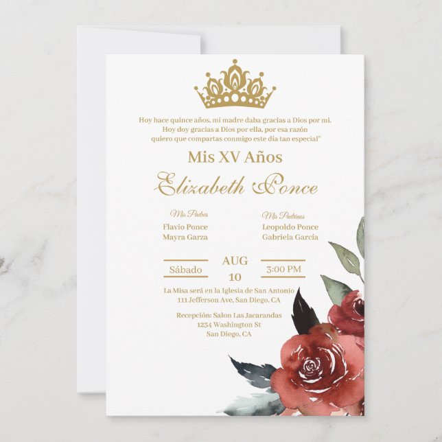 Invitación a la flor roja Quinceanera (Anverso)