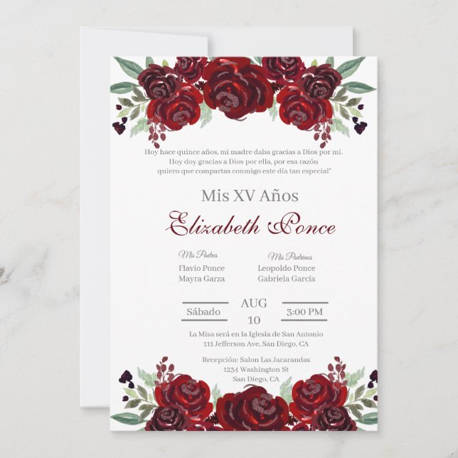 Invitación a la flor roja Quinceanera (Anverso)