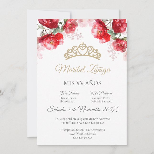 Invitación a la flor roja Quinceanera con corona (Anverso)