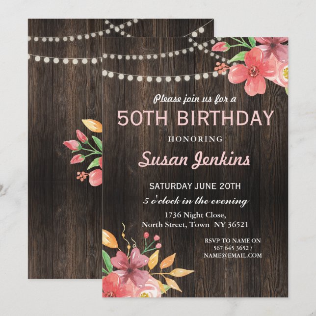 Invitación a la flor rosa Rustic Wood por 50 años (Anverso / Reverso)