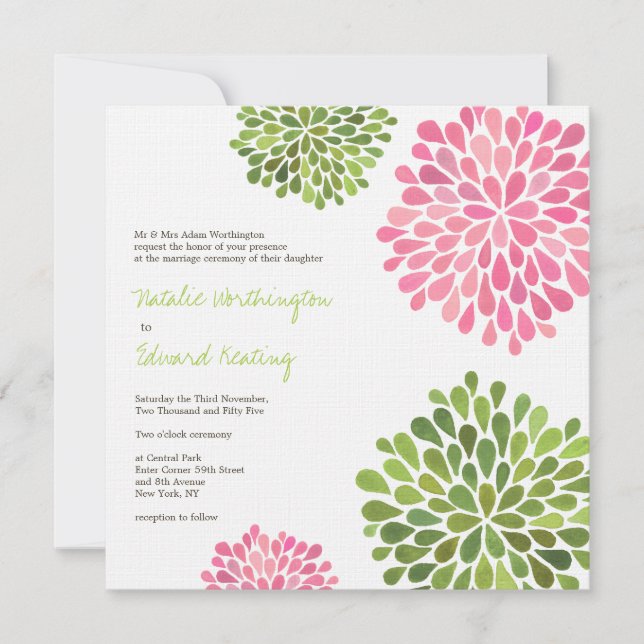 Invitación a la flor rosa y verde boda (Anverso)