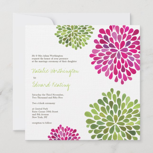 Invitación a la flor verde y rosa caliente del Bod (Anverso)