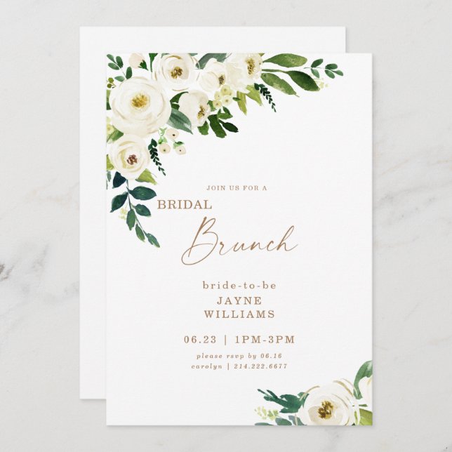 Invitación a la Flora Blanca de Brunch Bridal (Anverso / Reverso)