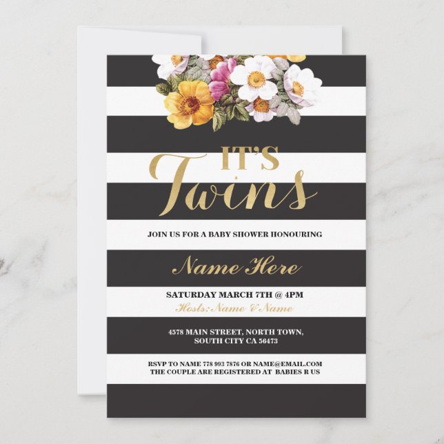 Invitación a la floral de Baby Shower Stripe Gold  (Anverso)