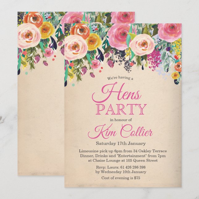 Invitación a la floral de venado Fiesta de Hens (Anverso / Reverso)