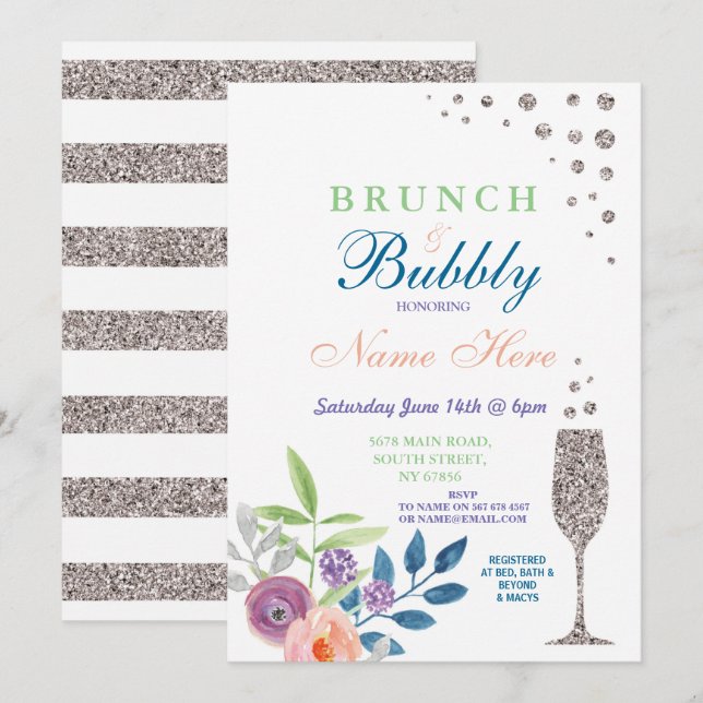 Invitación a la floral plateada de Brunch & Bubbly (Anverso / Reverso)