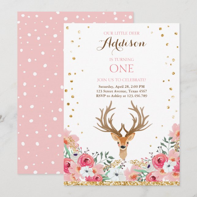Invitación a la floral rosada Woodland Gold (Anverso / Reverso)