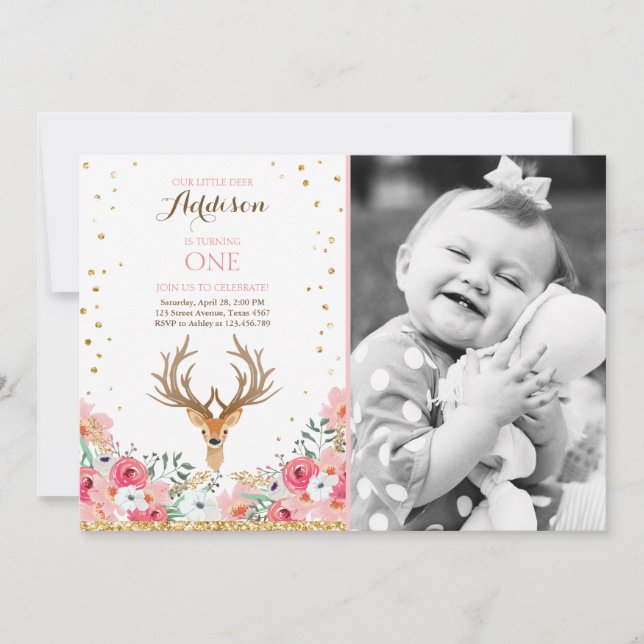 Invitación a la floral rosada Woodland Gold (Anverso)