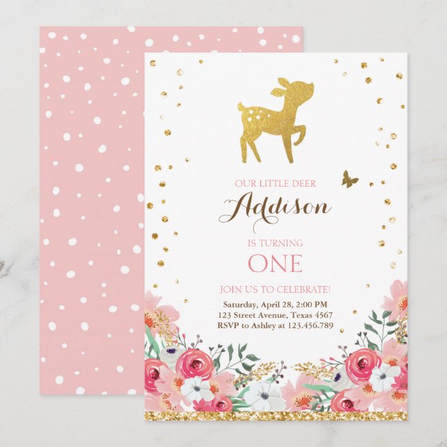 Invitación a la floral rosada Woodland Gold (Anverso / Reverso)