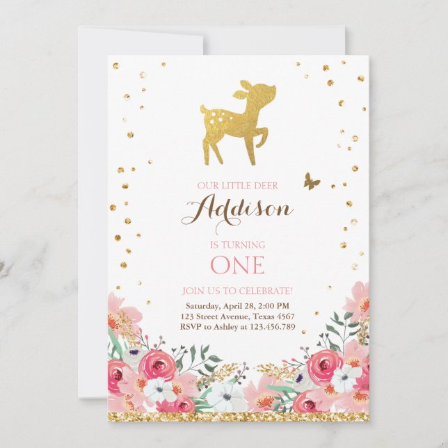 Invitación a la floral rosada Woodland Gold (Anverso)