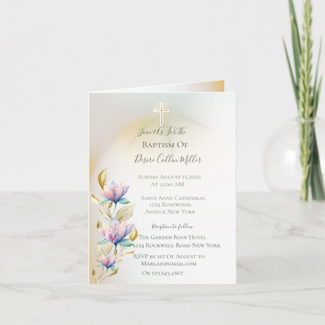 Invitación a la floral Rubor & Lilac, al bautismo  (Anverso)