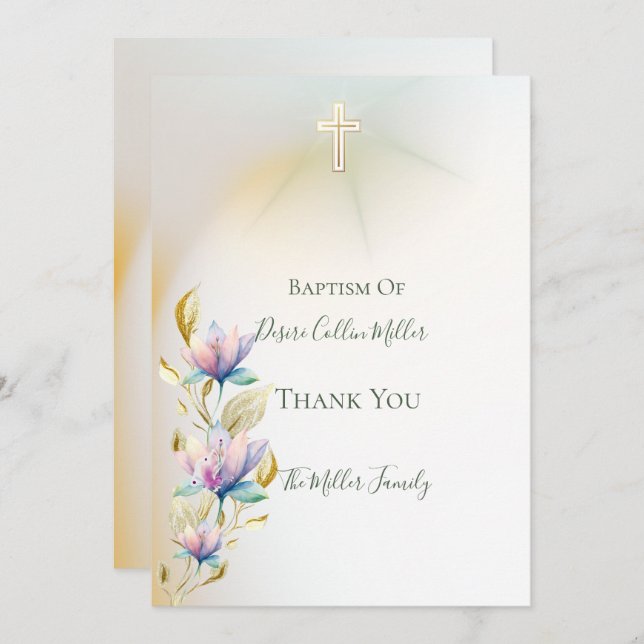 Invitación a la floral Rubor & Lilac, al bautismo  (Anverso / Reverso)