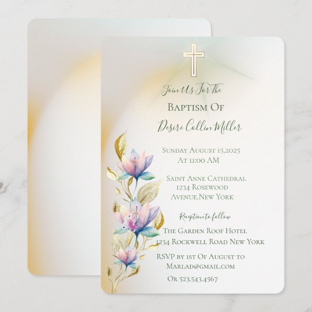 Invitación a la floral Rubor & Lilac, al bautismo  (Anverso / Reverso)