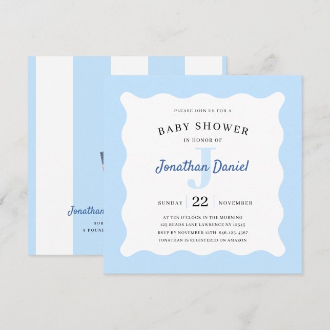 Invitación a la foto de Baby Shower azul (Anverso / Reverso)