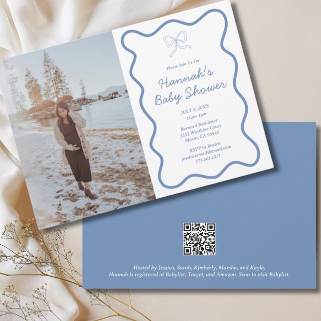 Invitación a la foto de Baby Shower de la cinta Du (Dusty Blue Bow Ribbon Baby Shower Photo Invitation
)