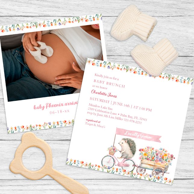 Invitación a la foto de Baby Shower de Pink Hedgeh (Whimsical Baby Shower Invitation)