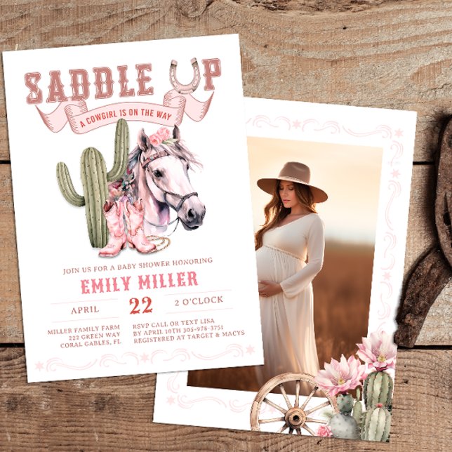 Invitación a la foto de Baby Shower de una chica d (Pink Western Baby Shower Invite)