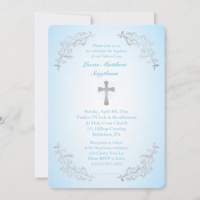 Invitación a la foto de Baptismo Azul de la Cruz d (Anverso)