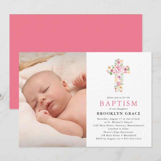 Invitación a la foto de Baptismo de la Cruz Floral (Anverso / Reverso)