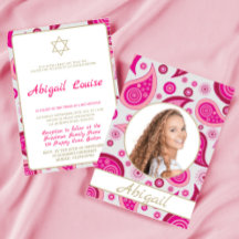 Invitación a la foto de Bat Mitzvah color rosa mod