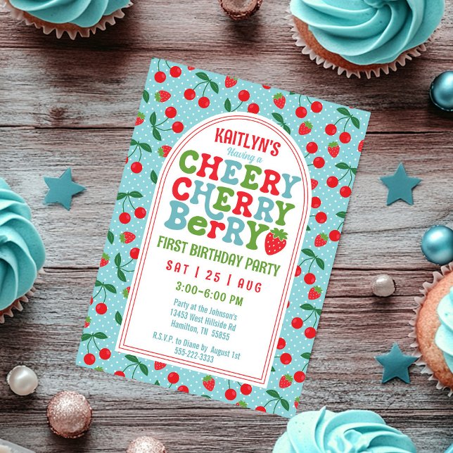 Invitación a la foto de Berry First Birthday Party (Cheery Cherry Berry First Photo Birthday Invitation Front)