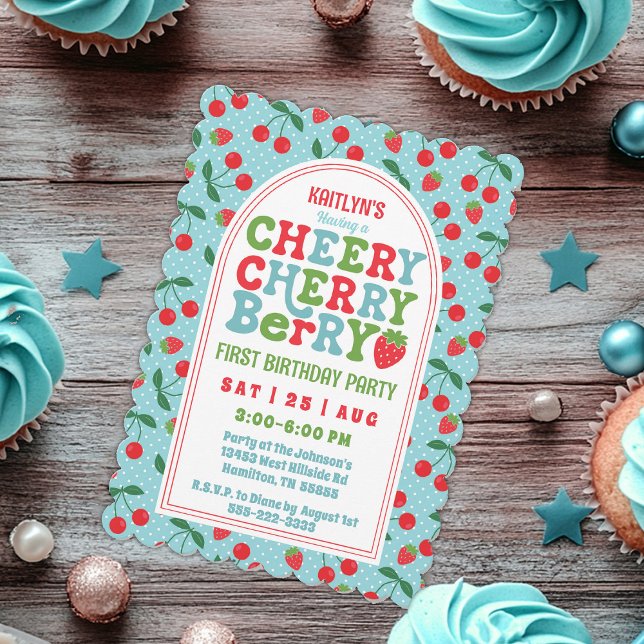 Invitación a la foto de Berry First Birthday Party (Cute Whimsical First Birthday Invitation Cheery Cherry Berry Scalloped Invitation)