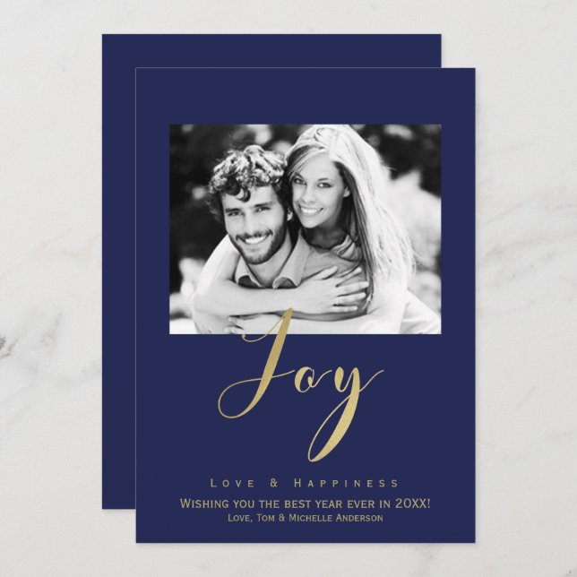 Invitación a la foto de Blue & Gold JOY Holiday de (Anverso / Reverso)