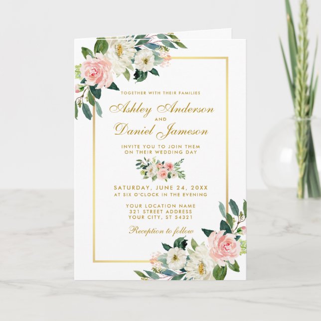 Invitación a la foto de Boda floral blanco rosado (Anverso)
