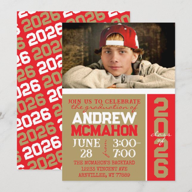 Invitación a la foto de Bronce Gold y Red Graduati (Anverso / Reverso)