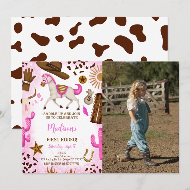 Invitación a la foto de cumpleaños de Cute Cowgirl (Anverso / Reverso)