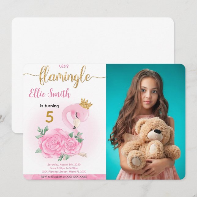Invitación a la foto de cumpleaños de Flamingo (Anverso / Reverso)