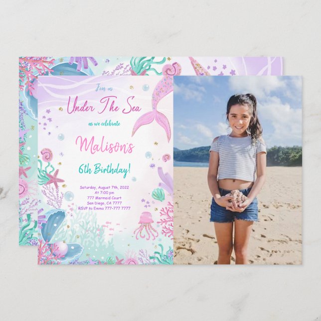 Invitación a la foto de cumpleaños de la sirena (Anverso / Reverso)
