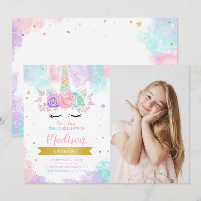 Invitación a la foto de cumpleaños de Unicorn (Anverso / Reverso)