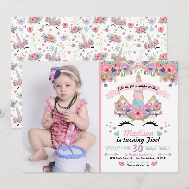 Invitación a la foto de cumpleaños de Unicorn (Anverso / Reverso)
