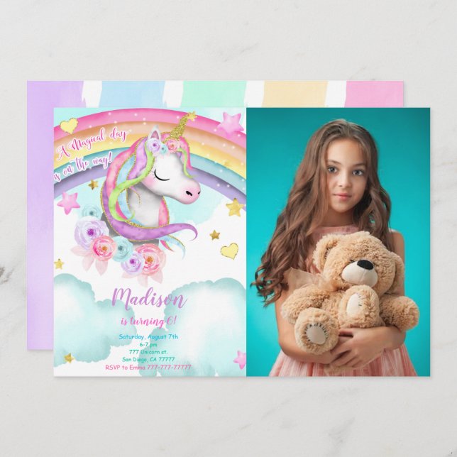Invitación a la foto de cumpleaños de Unicorn (Anverso / Reverso)