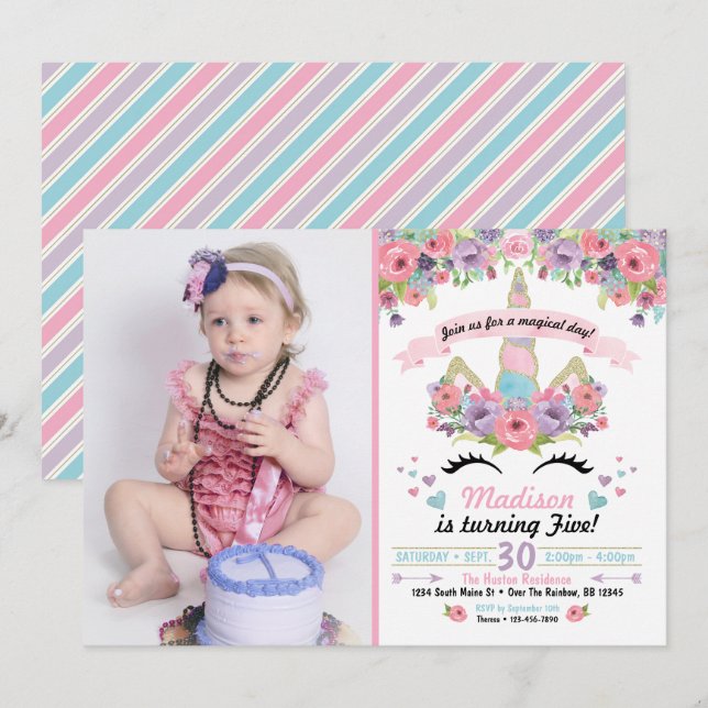 Invitación a la foto de cumpleaños de Unicorn (Anverso / Reverso)