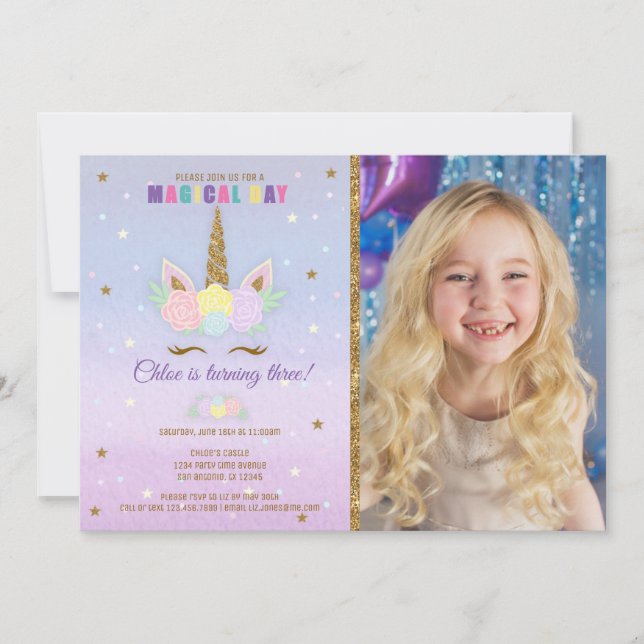 Invitación a la foto de cumpleaños de Unicornio Pi (Anverso)