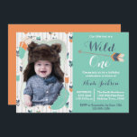 Invitación a la foto de cumpleaños de Wild One Tri<br><div class="desc">Wild One Tribal Boho Arrow Invitación a la foto del primer cumpleaños. Azul marino,  Naranja y verde. Diseño fácil de personalizar,  añade la foto de tu pequeño y el texto de tu personalizado.</div>