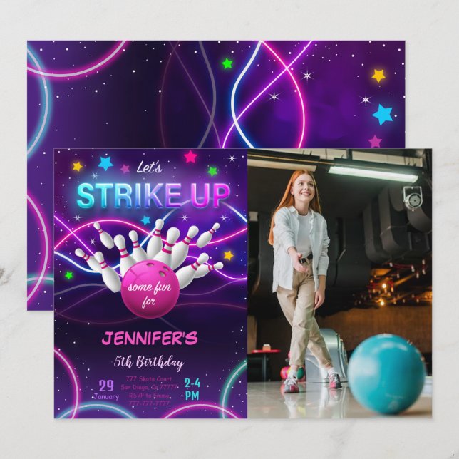 Invitación a la foto de cumpleaños del chica Bowli (Anverso / Reverso)