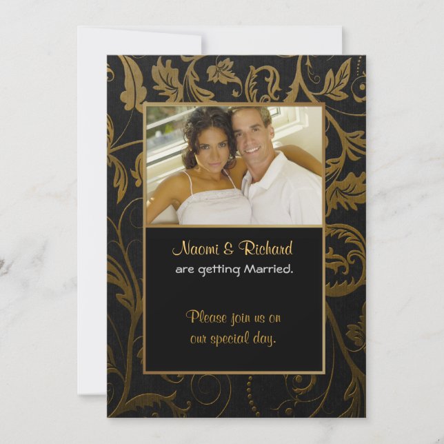 Invitación a la foto de Damask en negro y oro (Anverso)