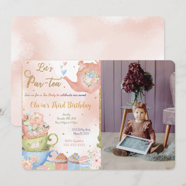 Invitación a la foto de Fiesta de té editable (Anverso / Reverso)