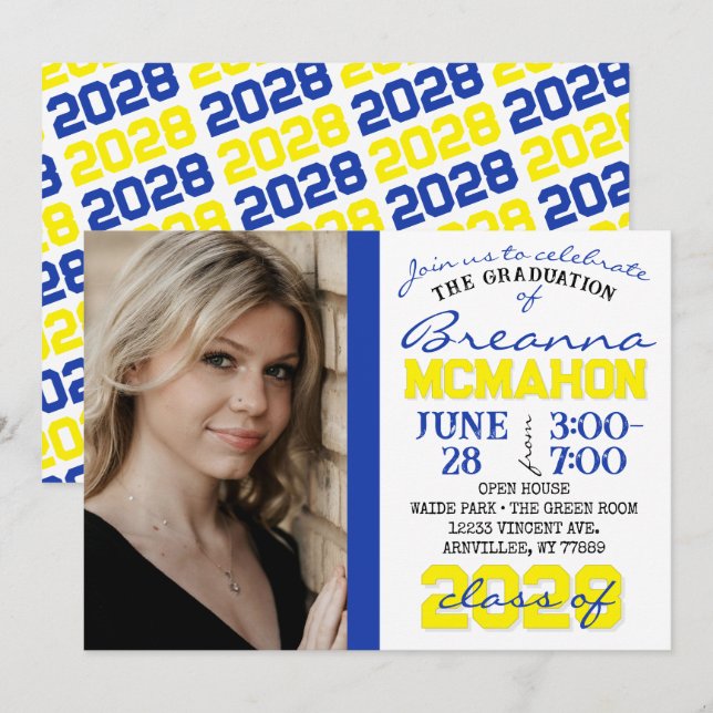 Invitación a la foto de graduación azul, amarillo  (Anverso / Reverso)