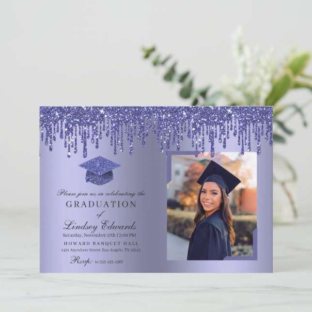 Invitación a la foto de graduación azul del purpur (Anverso de pie)
