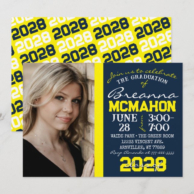 Invitación a la foto de graduación azul marino y a (Anverso / Reverso)