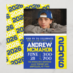 Invitación a la foto de graduación azul y amarilla