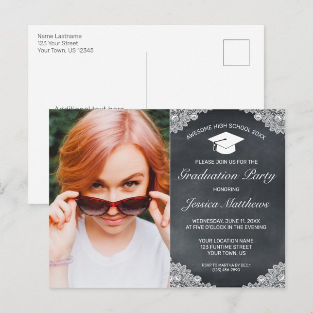 Invitación a la foto de graduación de encaje blanc (Anverso / Reverso)