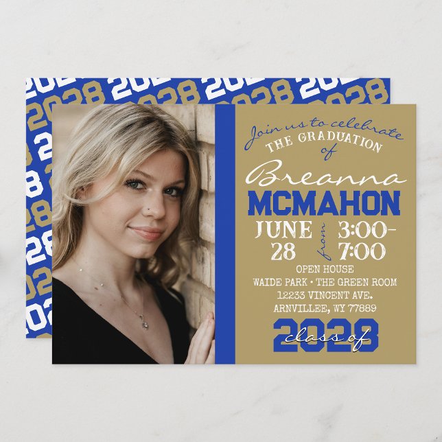 Invitación a la foto de graduación de oro y azul d (1 Photo Graduation Invitation in Blue and Bronze Gold with Repeating Class Year Back)