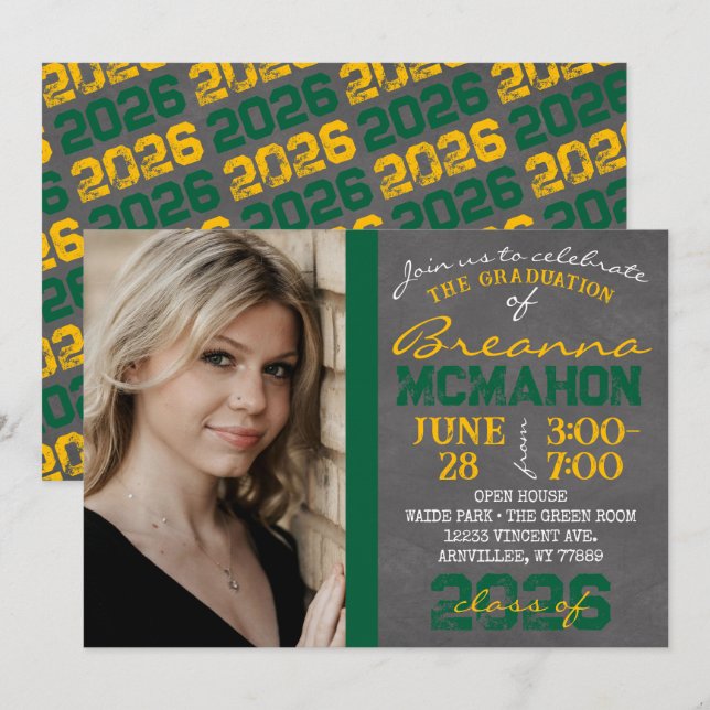 Invitación a la foto de graduación de pizarra verd (Anverso / Reverso)