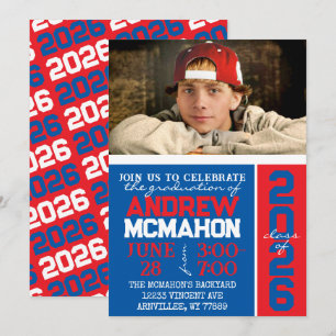 Invitación a la foto de graduación en azul y rojo