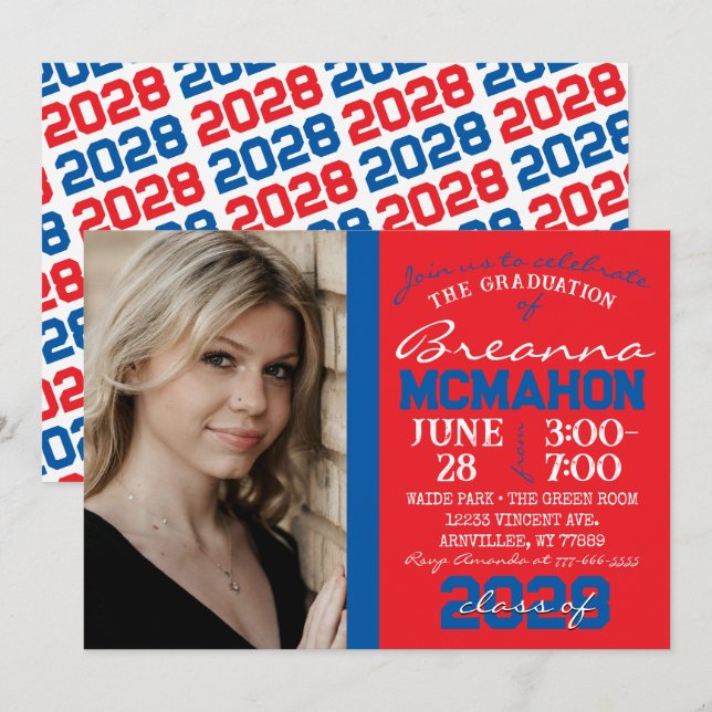 Invitación a la foto de graduación roja y azul (Anverso / Reverso)